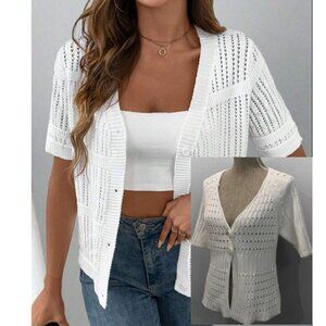 White 2-Button Cardigan Size Medium, Short Sleeve, Open Knit Design